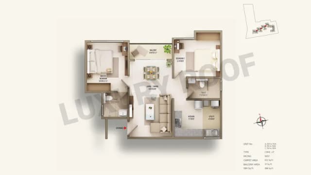 2 BHK(921-1078 sq.ft.) Floor Plan
