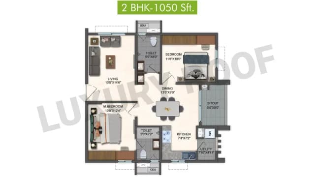 2 BHK(1050 sq.ft.) Floor Plan