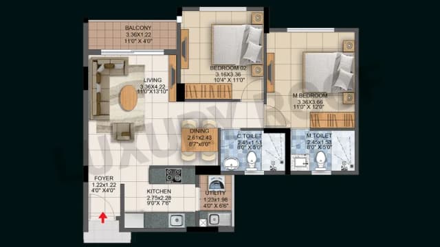 2 BHK(1034 sq.ft.) Floor Plan
