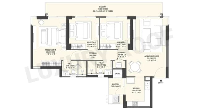 3 BHK+2T Floor Plan