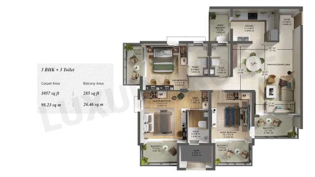 3 BHK+3T(1057 sq.ft.) Floor Plan