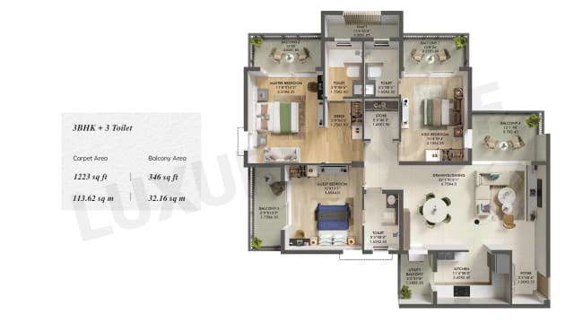 3 BHK+3T-(1223 sq.ft.) Floor Plan