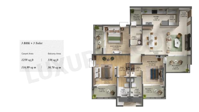 3 BHK+3T-(1259 sq.ft.) Floor Plan