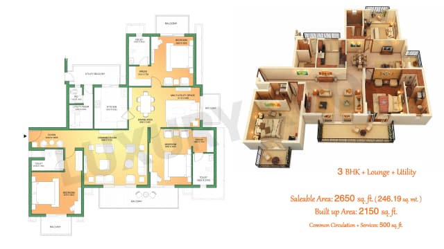 3BHK+Lounge+Utility Floor Plan