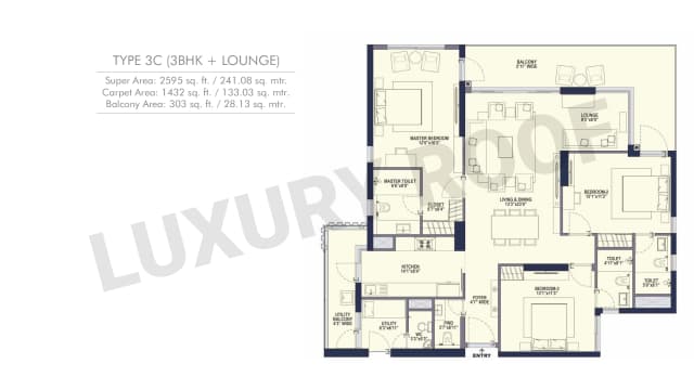3 BHK+Lounge Floor Plan