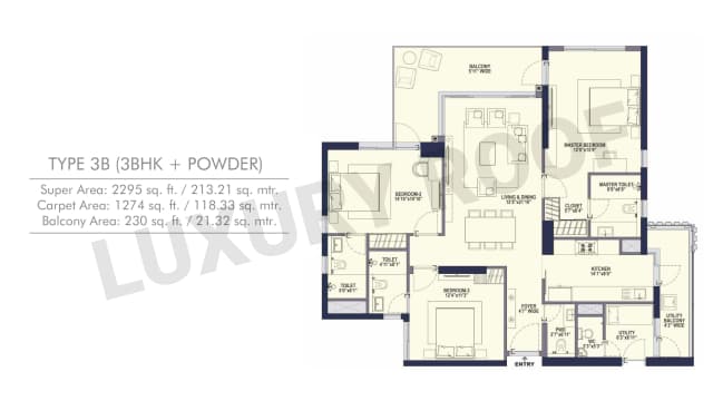 3 BHK+Powder Floor Plan