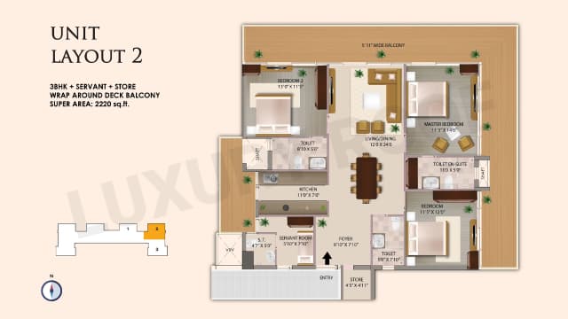 3 BHK+Servant+Store  Floor Plan