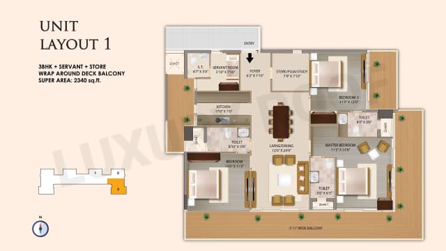 3BHK+Servant+Store Floor Plan