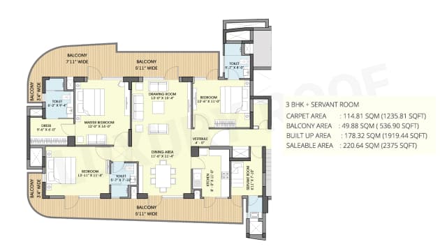 3BHK+Servant (2375 sq.ft.) Floor Plan
