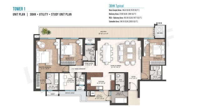 3 BHK+Utility+Study Floor Plan