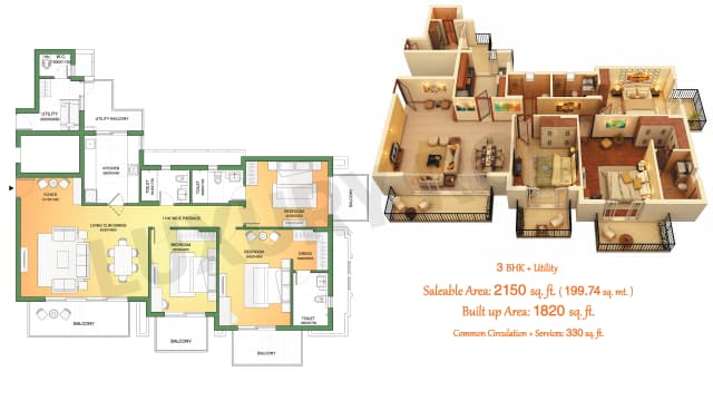 3BHK+Utility Floor Plan