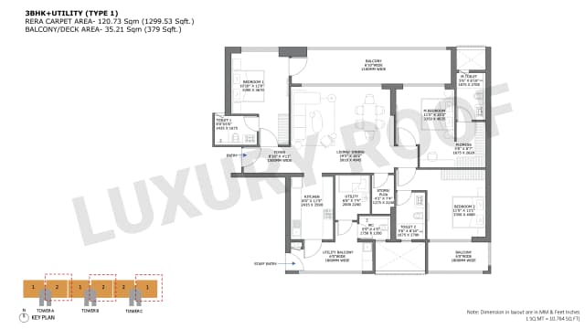 3BHK+Utility Floor Plan