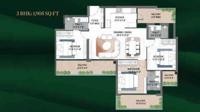 3 BHK (1905 sq.ft.) Floor Plan