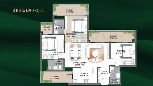 3 BHK (1910 sq.ft.) Floor Plan