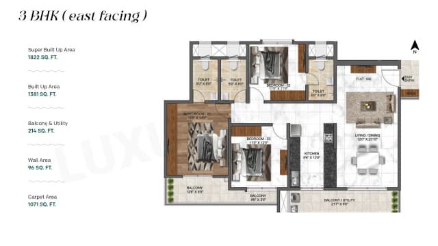 3 BHK (1822 sq.ft.) Floor Plan