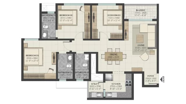 3 BHK-Type-1 Floor Plan