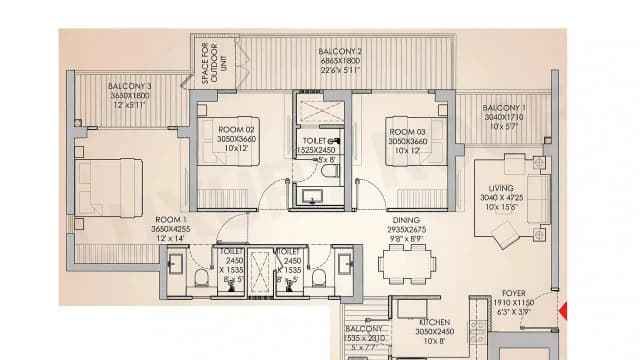 3 BHK Floor Plan
