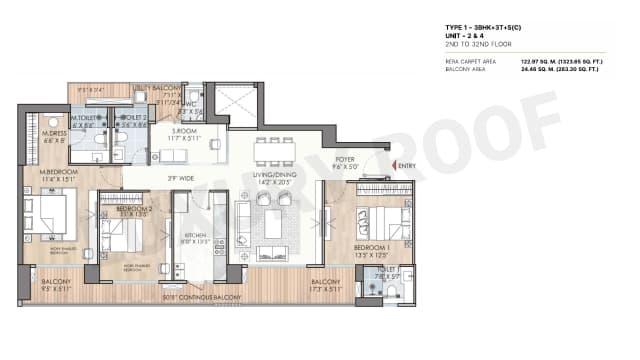 3 BHK-Type1 Floor Plan